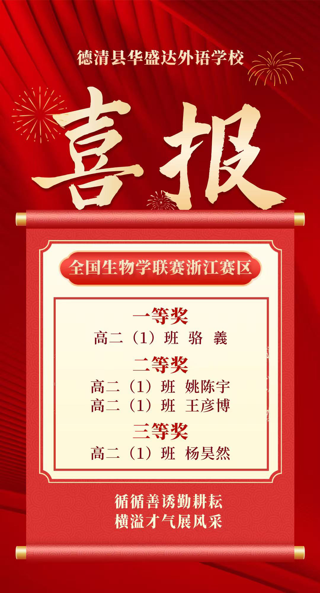 德清华盛达高中生物竞赛喜报